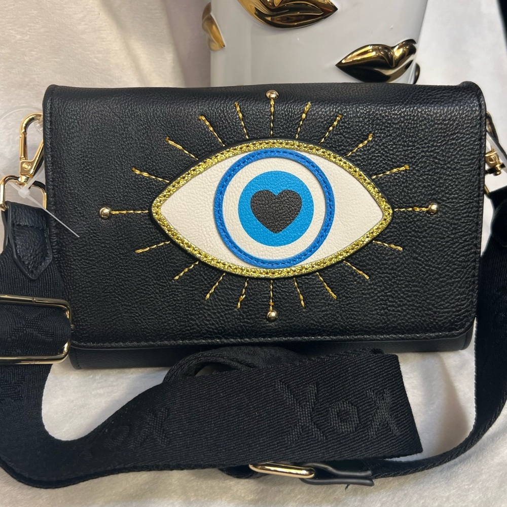 Betsey Johnson Black Crossbody Bag with Blue & White Eye Motif - Picture 2 of 13